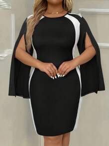 大码女式纯色拼接圆领长袖紧身连衣裙
