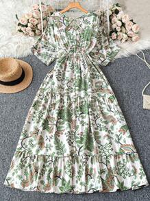 Seusyu 女士优雅全印花蝙蝠翼长裙 - 綠色 - 查看 2