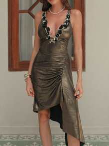 Swim Oasis 2pcs High-End Deep V-Neck Solid Color Glossy Fabric 3D Floral Decor Women Beach One-Piece Swimsuit Set For Summer Beach Vacation - Gold - View 4