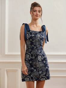 Aveloria Rosie 法式复古优雅高端刺绣缎面拼布无袖收腰迷你连衣裙，女式波西米亚风度假时尚风格全身印花花卉印花，适合夏季春秋季