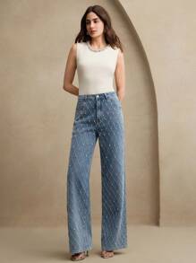 Anewsta Jeans rectos de mujer con piedras preciosas y bordados de lujo, ideales para festivales, uso casual y elegante