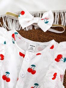 2 件装女婴休闲日常樱桃印花无袖连衣裙，配有头带，适合外出或舒适的居家穿着 - 白色 - 查看 5