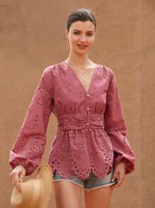 BELROSIE Camisa de estilo bohemio y de moda con cuello en V de unicolor, mangas con volantes bordados, cintura recogida para primavera y otoño - Rosa vieja - Ver 6