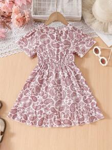 Robe à manches courtes col V assortie mère-fille, robe imprimée rétro minimaliste et de style vintage cachemire pour les filles, pour le printemps/été, tenues décontractées, rassemblements familiaux, sorties - Rouge et Blanc - Voir 2