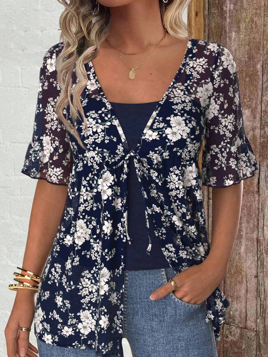 EMERY ROSE 女士花卉印花前系带短袖时尚旅行 T 恤 - 藏蓝色 - 查看 1