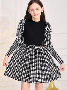 SHEIN Cô gái Tween Họa tiết Nanh sói Cổ giả Tay áo Đầm - Đen và trắng - Xem 1