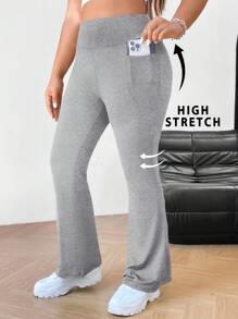 SHEIN EZwear Plus Size Women's Fall Winter Back To School Casual Homewear Yoga Comfortable Outdoor Solid Black Knitted Elastic Waist High Waist Pockets Flare Leg Trousers,Leggings With Pockets - Light Grey - View 1