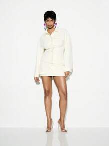 KIZN Tailored Cinch Waist Shirt Blouse Business Professional Long Sleeve Fitted Office Work Button Down Collared Top Spring Fall Winter - Beige - View 5