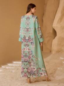 Al Najma Women's Ramadan Printed Loose & Elegant Robe,Modest - Green - View 2