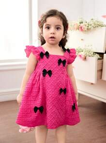 SHEIN Vestido de manga corta con lazo rosado decorativo para niñas bebé en verano - Rosa Fucsia - Ver 5