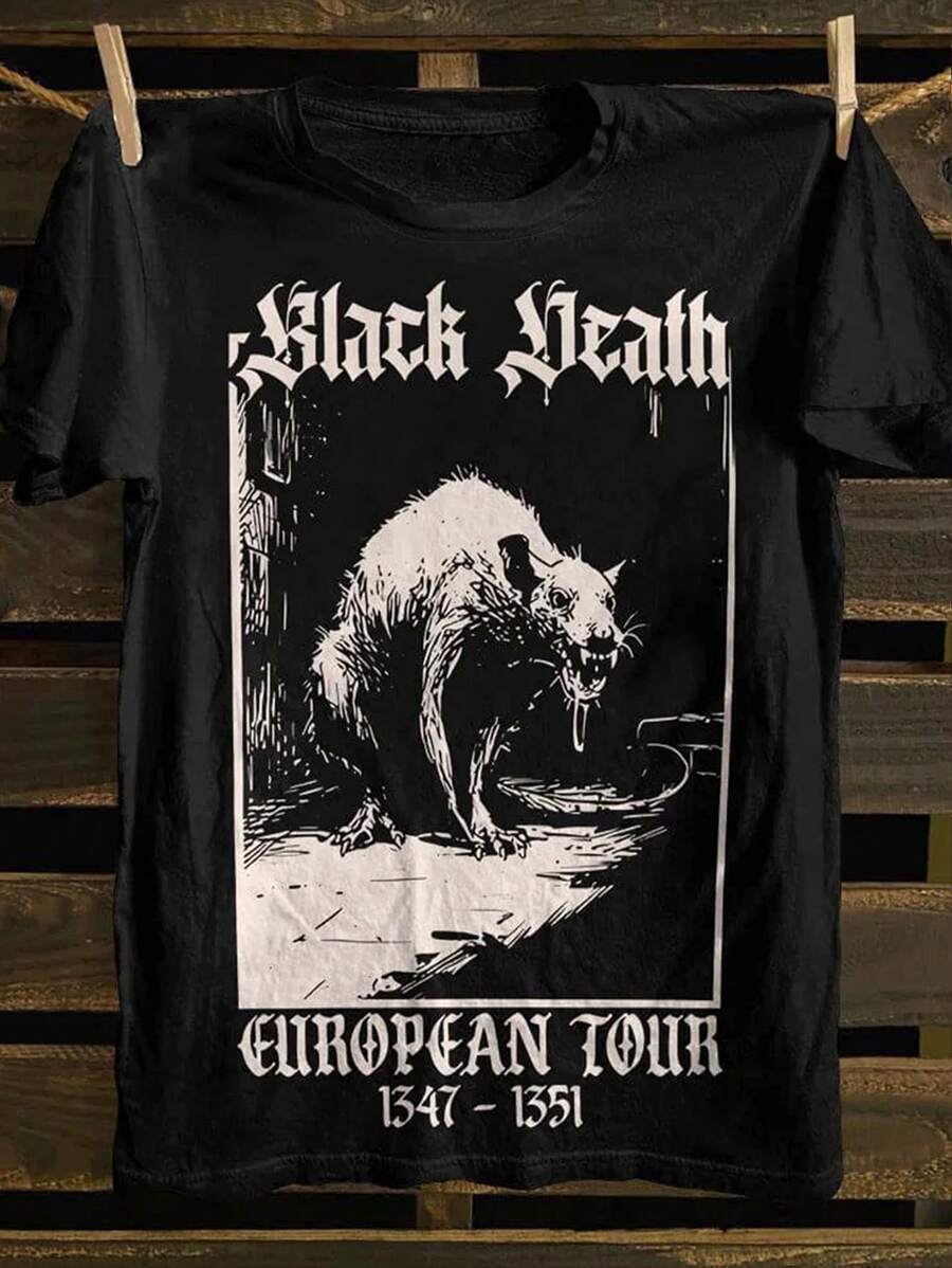 Manfinity Dauomo 黑死病 T 恤、中世纪老鼠印花 T 恤、哥特式垃圾服装、历史 T 恤、恐怖哥特美学男士 T 恤 - 黑色 - 查看 1