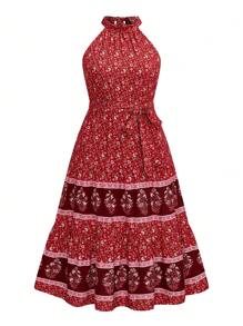 SHEIN Clasi Plus Size Ditsy Floral Halter Neck Casual Vacation Dress