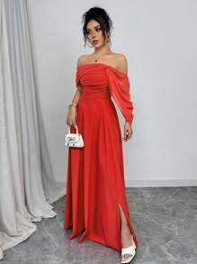 Rafferiza Đầm trễ vai nhún bèo cổ bẻ eo cho nữ - Đỏ - Xem 4