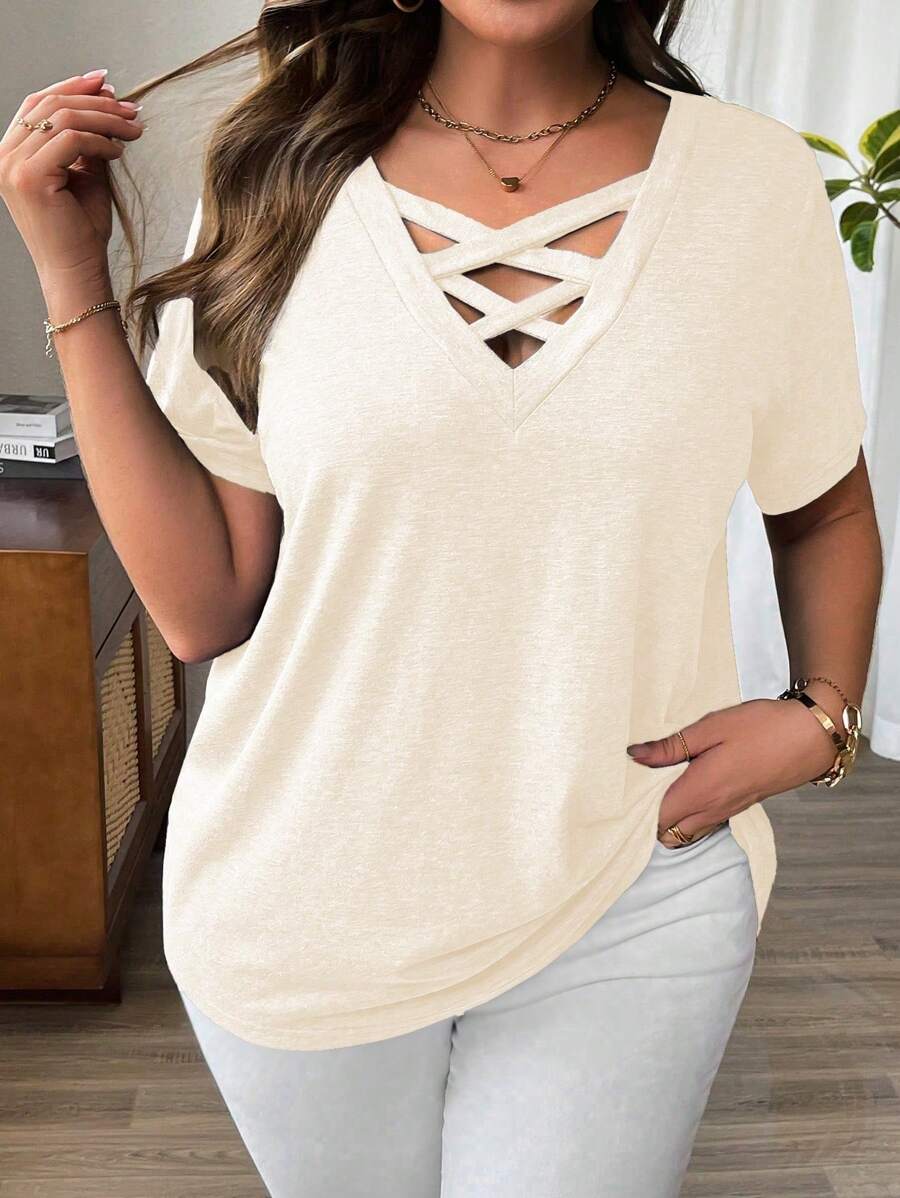 EMERY ROSE Plus Size Women Crisscross Neck Short Sleeve T-Shirt, Summer - Beige - View 1