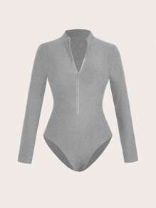 SHEIN LUNE Women's Solid Color Zipper Front Long Sleeve Bodysuit, Minimalist & Fashionable For Summer - Grey - View 1