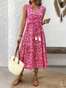 Breezaya Boho Hot Pink Print Long Smock Dress With V Neck And Ruffle Hem Sleeveless Flared - Hot Pink - View 5