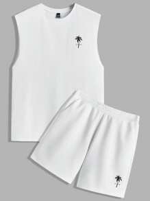 Manfinity Homme Palm Tree & Coconut Tree Beach Tropical Print Men's White Regular Fit Tank Top And Shorts Set - White - View 2