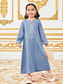 SHEIN Leap Crew Retro Pattern Print Long Robe For Young Girl - Blue - View 8