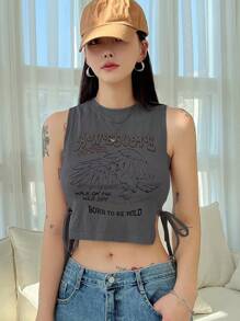 DAZY 标语图案结饰短款背心 狂野一面的超棒力量行走 充满阳光 天空才是极限 生来狂野节 - 深灰色 - 查看 5