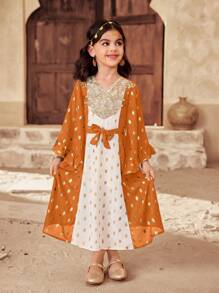 SHEIN Young Girl Woven Color Block V-Neck Snug Fit Dress