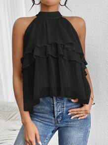 Firerie Loose Fit Neck Tie Ruffle Hem Asymmetrical Chiffon Blouse