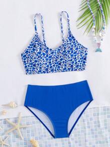 Tween Girl Ditsy Floral Bikini Set, Vacation/Summer - Royal Blue - View 5
