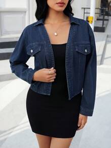 SHEIN Essnce 女士休闲牛仔夹克，长袖，百搭，适合秋季日常穿着 - 深色水洗藍 - 查看 5