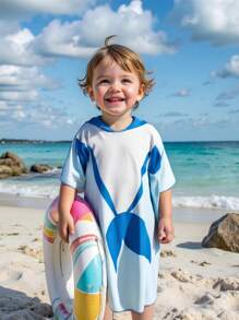 SHEIN Baby Boy Cartoon Shark Hooded Beach Towel, Suitable For Summer Casual Holidays, Beach, Sea And Hot Springs - Multicolor - View 8