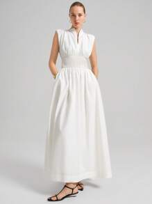 Ontre 2025 新款都市休闲风格白色无袖腰抽绳长裙，女式长裙，四季百搭，商务休闲办公装，低调优雅通勤机场时尚，优质材料 - 白色 - 查看 4