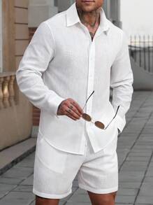 Manfinity Homme Conjunto casual de 2 piezas para hombre: camisa blanca de manga larga de una hilera de botones y pantalones cortos con cordón en la cintura, ropa de otoño - Blanco - Ver 5