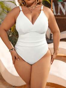 Swim Vcay Plus Size Solid Color Ruched Camisole Swimsuit For Summer Beach Vacation - White - View 4