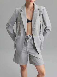 Ontre 2pcs Women Striped Blazer & Shorts Suit Set, Casual Office Wear, Gray Suit, Spring/Summer, - Light Grey - View 5