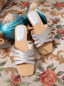 CUCCOO TILAWA Square Toe Contrast Color Woven Metal Pattern Women's Flat Sandals, Glamorous Sexy Elegant Fashion Outdoor Ladies Slides - Silver - View 8