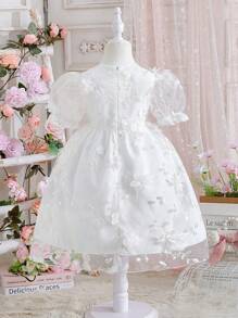 女童优雅圆领花卉贴花泡泡袖网眼蓬蓬连衣裙，春/秋