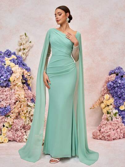 SHEIN Belle Elegant Luxury Rhinestone Sheer Mesh Bishop Sleeve Ruched Mermaid Maxi Dress, Suitable For Weddings, Parties, Dating, Prom, Bridesmaid Gowns (Adult)