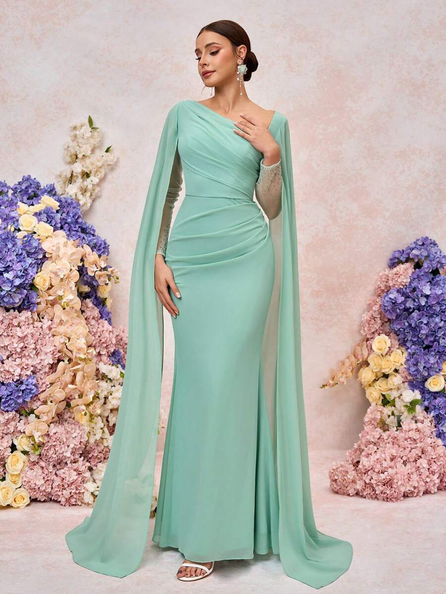 SHEIN Belle Váy dài đuôi cá xếp nếp tay lỡ đính đá Rhinestone sang trọng thanh lịch, thích hợp cho đám cưới, tiệc tùng, hẹn hò, dạ hội, váy phù dâu (người lớn) - màu xanh lá - Xem 1