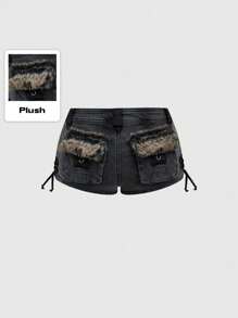 ROMWE Grunge Punk Y2K Kpop Patchwork Fuzzy Very Super Low Waist Mini Denim Shorts, Gyaru Gal Casual Style - Dark Grey - View 1