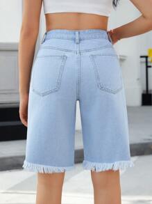 SHEIN Essnce Women's Pocket Ripped Raw Hem Casual Denim Shorts - Light Wash - View 2