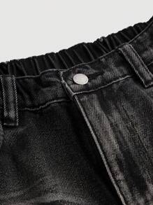 SHEIN Girlism Tween Girls Y2K 酷炫时尚水洗猫须斜口袋宽松阔腿牛仔裤，女孩秋装返校街头装 - 黑色 - 查看 3