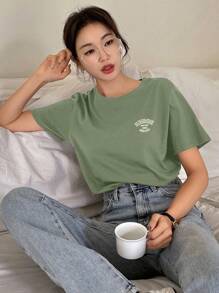 DAZY 女性時尚純色圓領短袖T恤 - 橄欖綠 - 查看 4