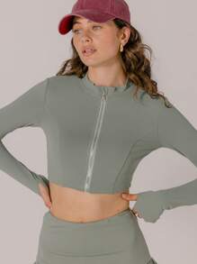 Aralina Minimalist Solid Color Front Zipper Fitted Cropped Athletic Jacket - Olive Green - View 4