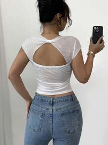SHEIN Unity Women's Unique Open Back Fitted Slim T-Shirt, Stylish And Elegant - White - View 3
