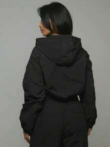 Musera Sport Cropped Hooded Zip Up Slogan ' Sport' Jacket, Padel, Tennis, Pickleball Gym Fitness - Black - View 3