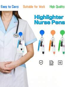 1 Set Nurse Pen Set - 1 Pc Highlighter Pen 1pc Marker Pen 1pc Retractable Ball Pen 1pc Nurse Retractable ID Name Badge Reel - Multicolor - View 7