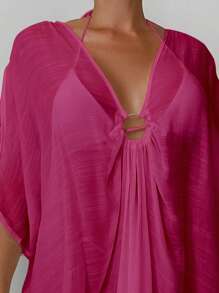 Swim Vcay Casual Elegant Loose Solid Color Batwing Sleeve Cover Up For Summer Beach Vacation