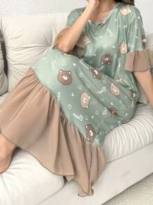 SHEIN 卡通熊与字母印花撞色雪纺荷叶边下摆长款睡袍