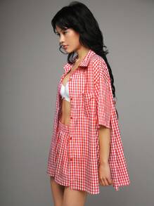 TRNVIE Camisa y pantalones cortos de vacaciones informales con estampado de cuadros rojos vintage