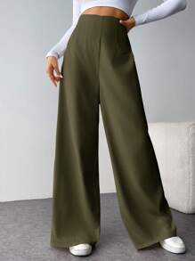 Firerie Quần ống rộng họa tiết cạp cao thời trang giản dị tối giản cho nữ khi đi làm trở lại trường - xanh quân đội - Xem 5