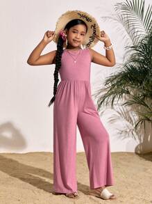 SHEIN Tween Girl Everyday Casual Solid Color Knit Crew Neck Sleeveless Jumpsuit - Pink - View 3