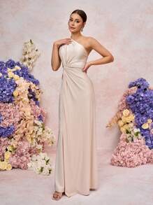 SHEIN Belle 女士浪漫优雅绿色针织面料扭纹宽松 A 字型伴娘礼服